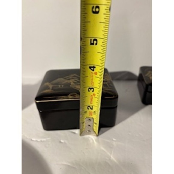 Vintage Lacquer Nesting Trinket Boxes Set Japanese Landscape Scene Black Gold - Picture 12 of 14